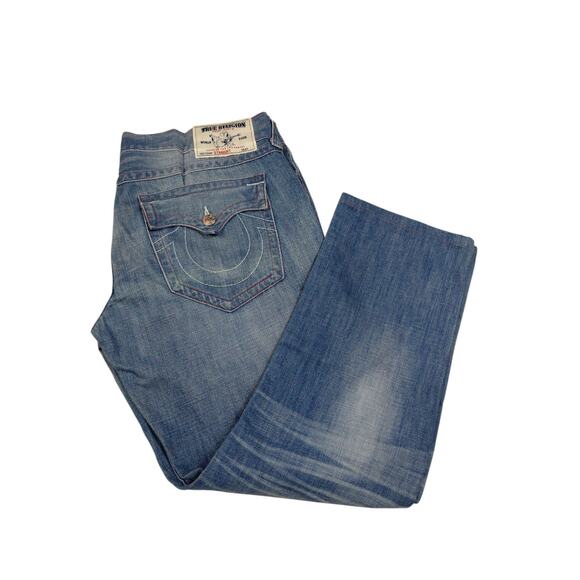 True Religion World Tour Straight Leg Jeans Embroidered Pockets 40x30 - Picture 1 of 14